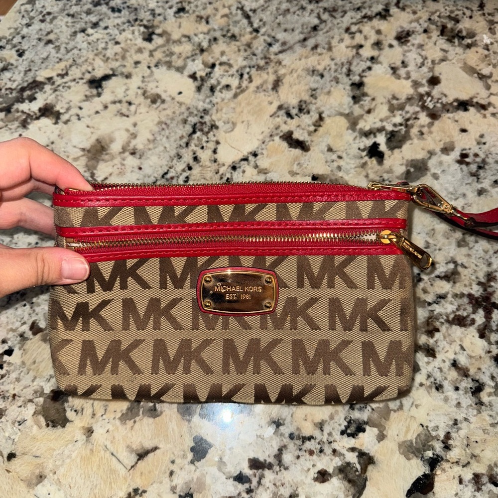 Michael Kors Tan and Red Logo Wristlet